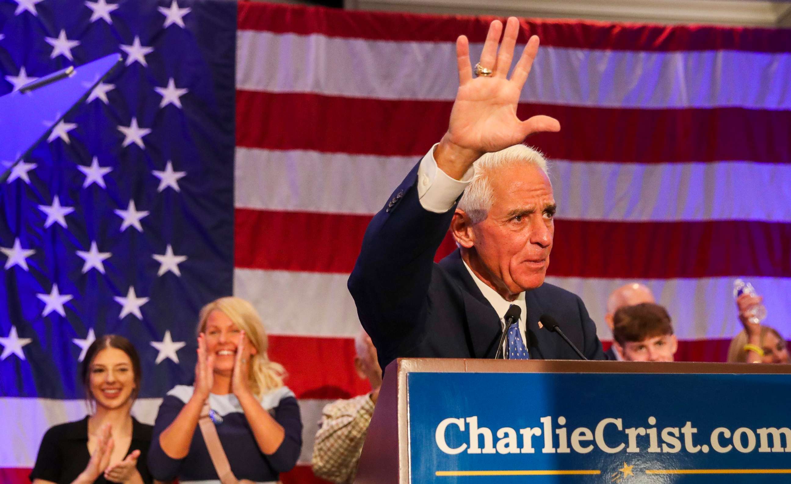 PHOTO: Rep. Charlie Crist addresses supporters after he is announced the winner of his primary at his watch party in St. Petersburg, Fla., Aug. 23, 2022.