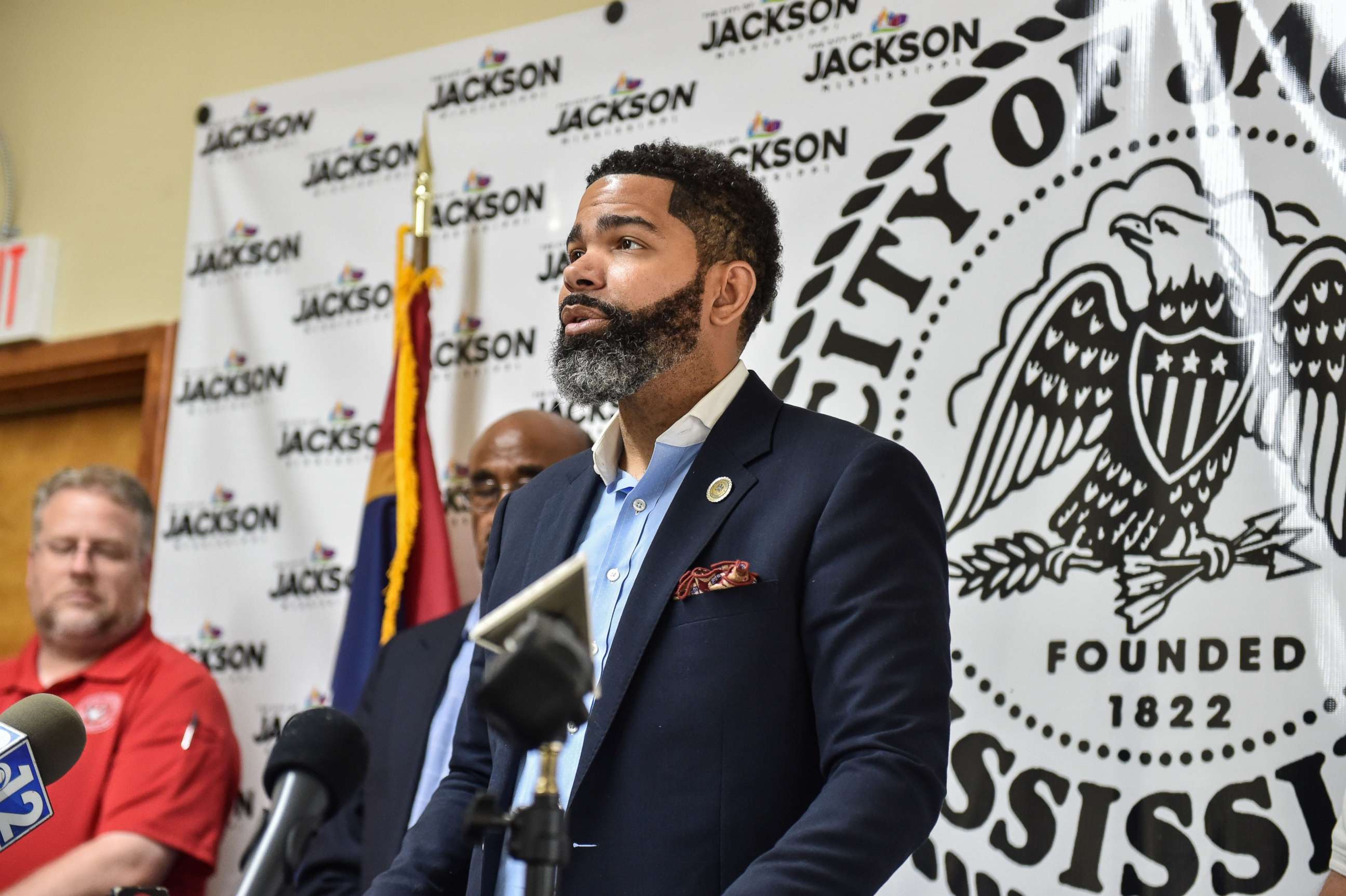 PHOTO: Mayor Chokwe Antar Lumumba speaks at a press conference regarding the city's recent flooding and water infrastructure issues in Jackson, Miss, Aug. 29, 2022.