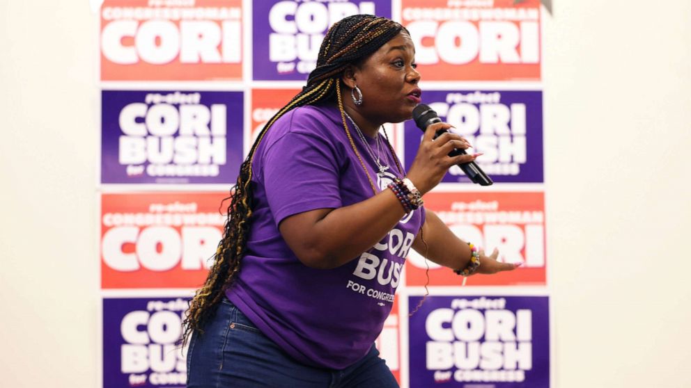 PHOTO: Rep. Cori Bush speaks at campaign headquarters in St. Louis, Mo., Aug. 1, 2022.