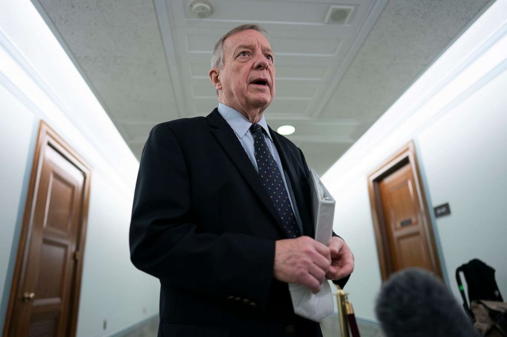 PHOTO: Sen. Dick Durbin, chairman of the Senate Judiciary Committee, speaks with reporters before a meeting at the Capitol in Washington, Feb. 17, 2022. 