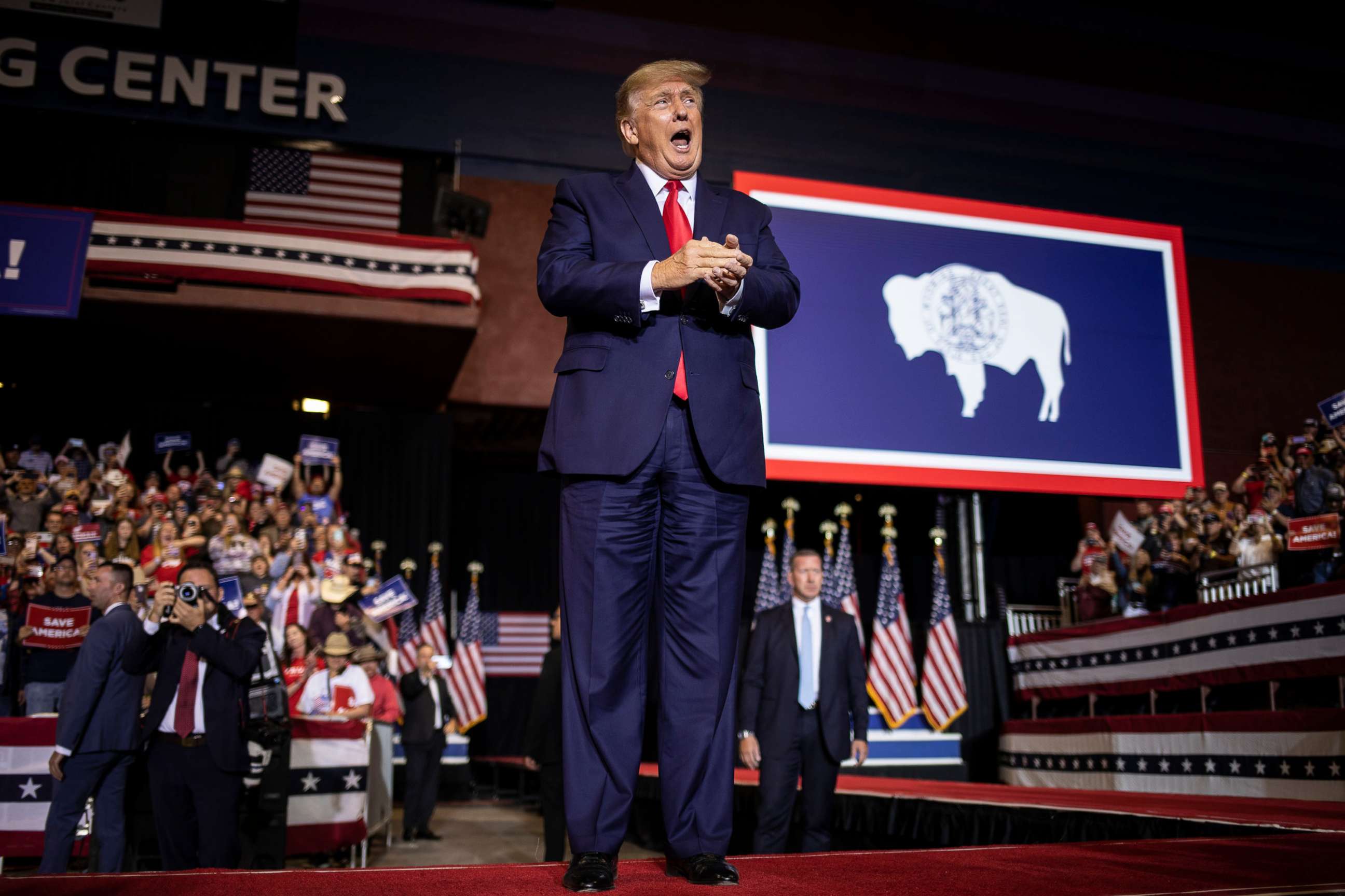 PHOTO: Former President Donald Trump arrives to speak at a rally in Casper, Wyo., May 28, 2022.
