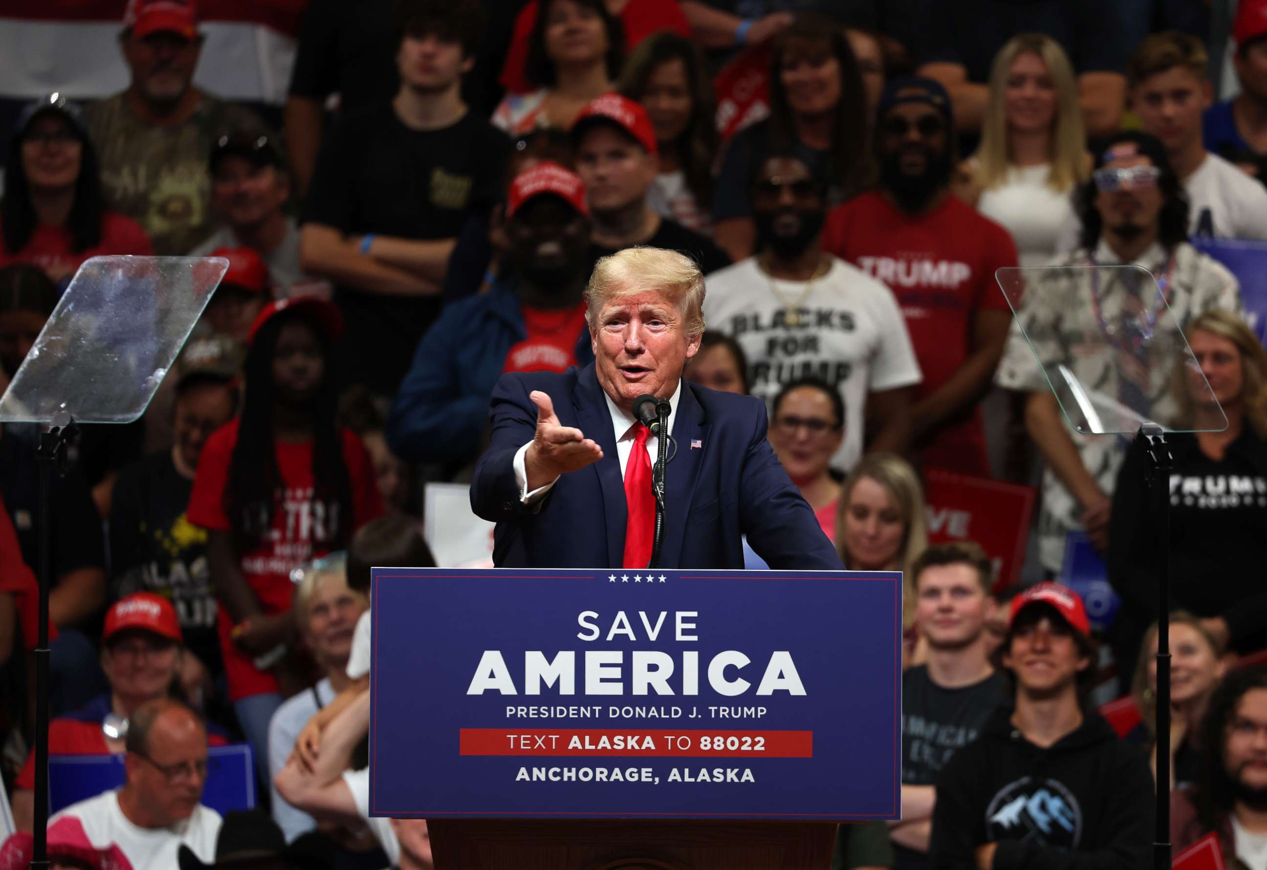 PHOTO: Former U.S. President Donald Trump speaks during a "Save America" rally in Anchorage, Alaska, July 09, 2022.