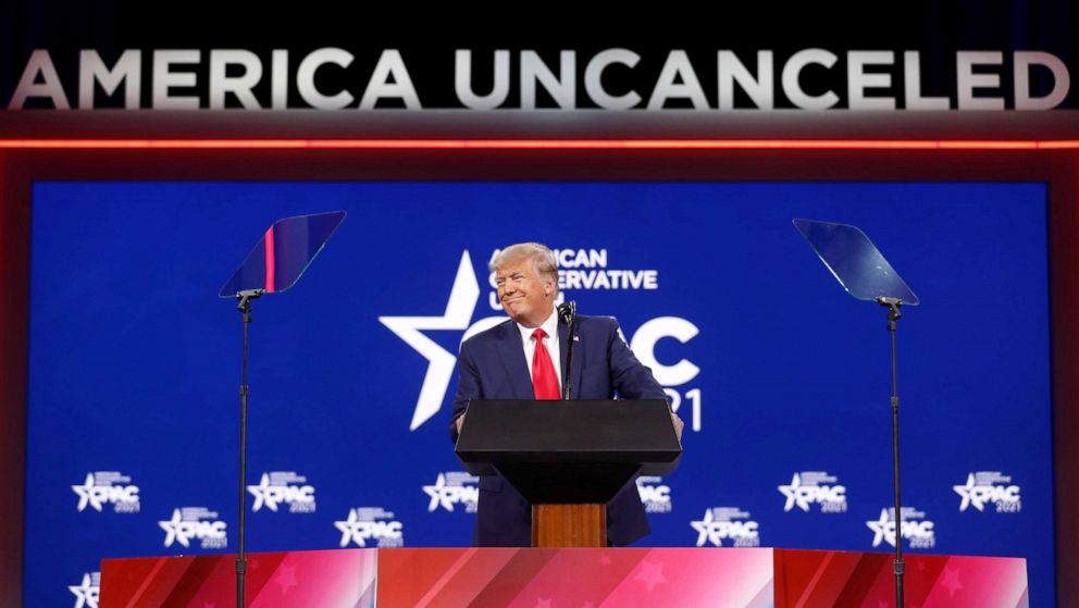 PHOTO: Former U.S. President Donald Trump speaks at the Conservative Political Action Conference (CPAC) in Orlando, Fla. Feb. 28, 2021.