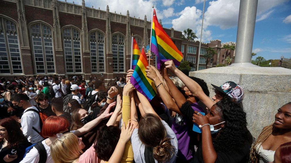 PHOTO: Hillsborough High School students protest a Republican-backed bill dubbed the "Don't Say Gay" that would prohibit classroom discussion of sexual orientation and gender identity, in Tampa, Fla., March 3, 2022.