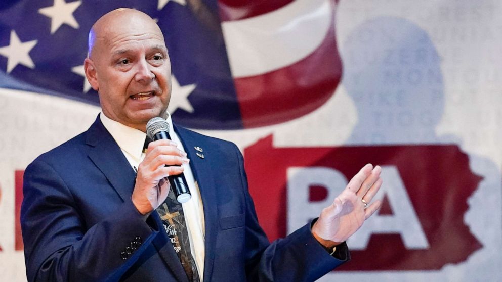 PHOTO: Sen. Doug Mastriano, R-Franklin speaks at a primary night election gathering in Chambersburg, Pa., May 17, 2022. 