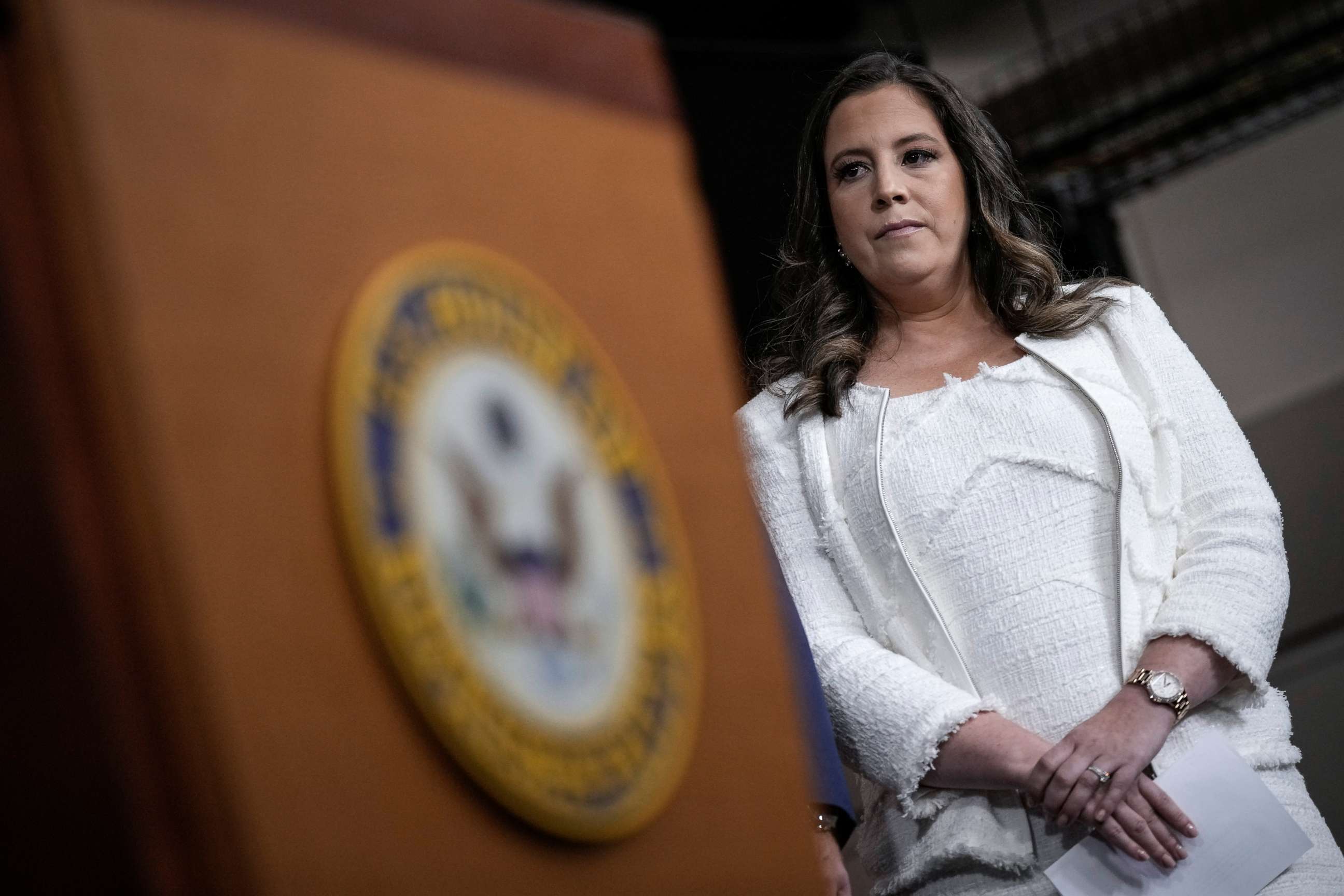 PHOTO: Rep. Elise Stefanik attends a news conference with members of the House Intelligence Committee at the Capitol, Aug. 12, 2022.