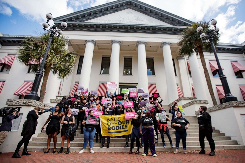 PHOTO: Opponents of HB 5, a bill filed in the Florida Legislature that would ban abortions in the state after 15 weeks after pregnancy, rallied at the Capitol building in Tallahassee, Fla., Feb. 16, 2022.