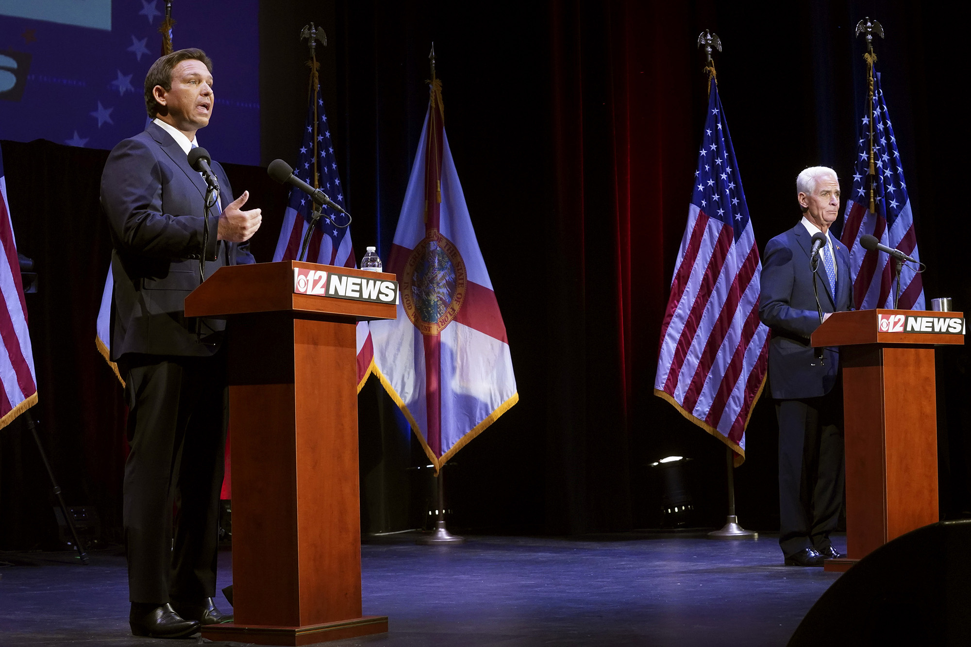 PHOTO: Florida's Republican Gov. Ron DeSantis speaks during a debate with his Democratic opponent Charlie Crist in Fort Pierce, Fla., Oct. 24, 2022.