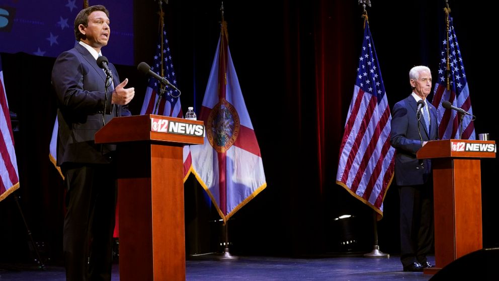 PHOTO: Florida's Republican Gov. Ron DeSantis speaks during a debate with his Democratic opponent Charlie Crist in Fort Pierce, Fla., Oct. 24, 2022.