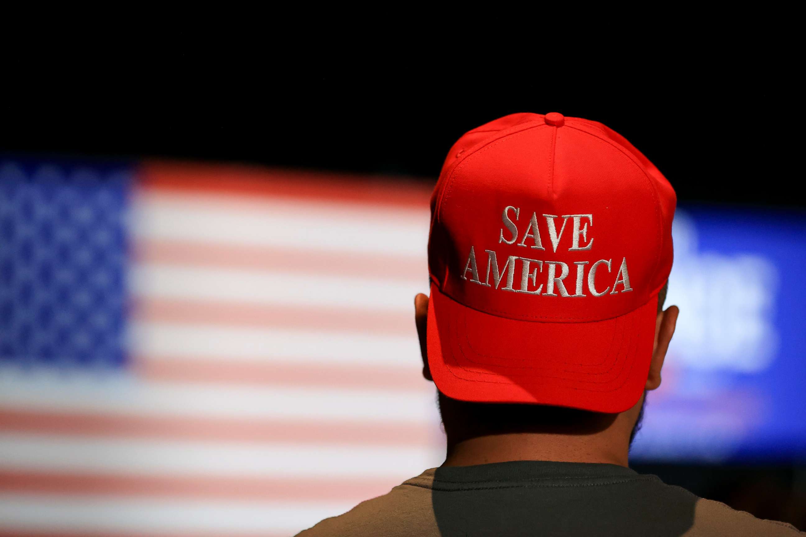 PHOTO: A supporter wears a Save America hat during an election night watch party in Cincinnati, May 3, 2022.