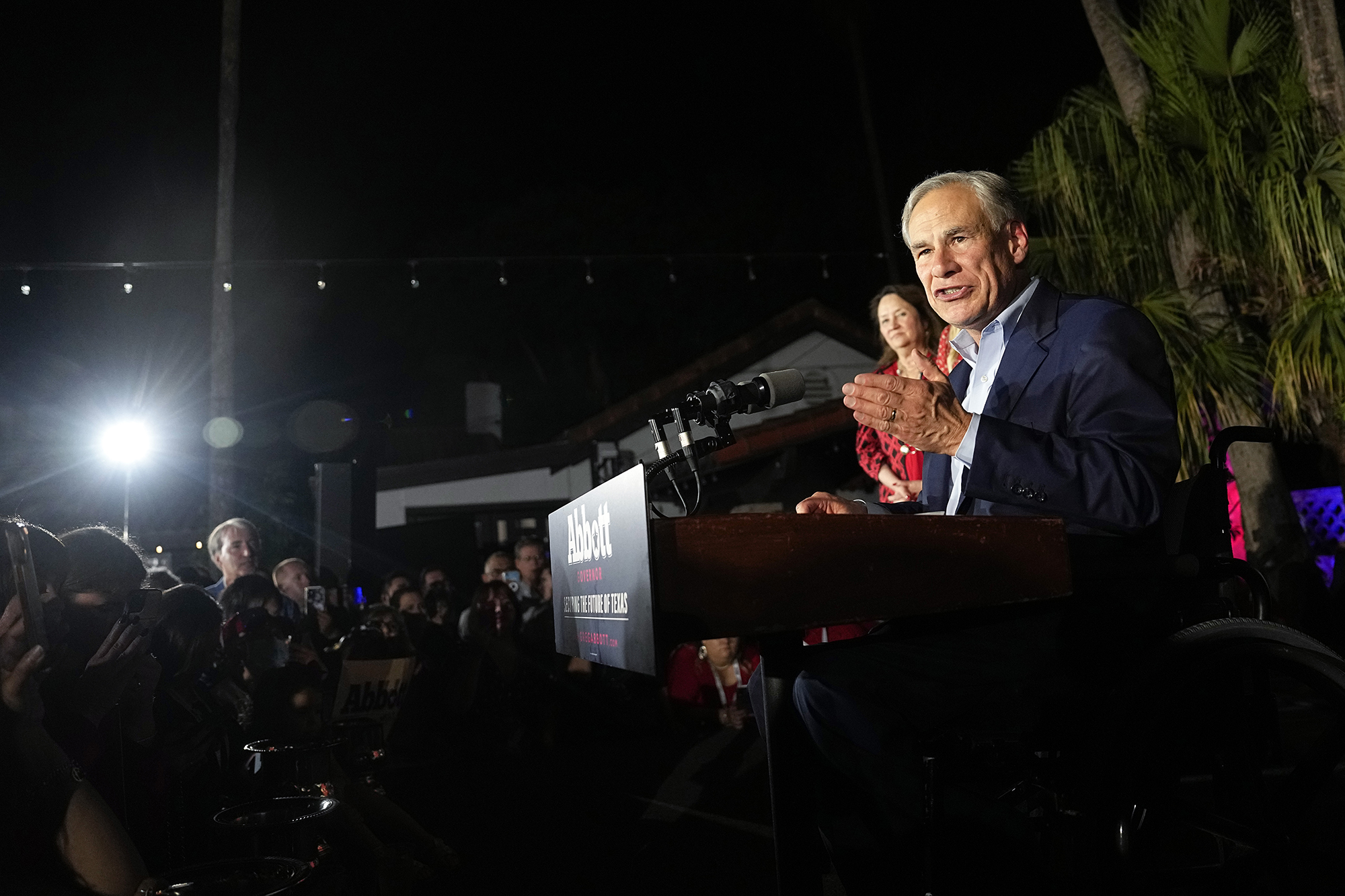 PHOTO: Gov. Greg Abbott speaks during an election night campaign event in McAllen, Texas, Nov. 8, 2022.