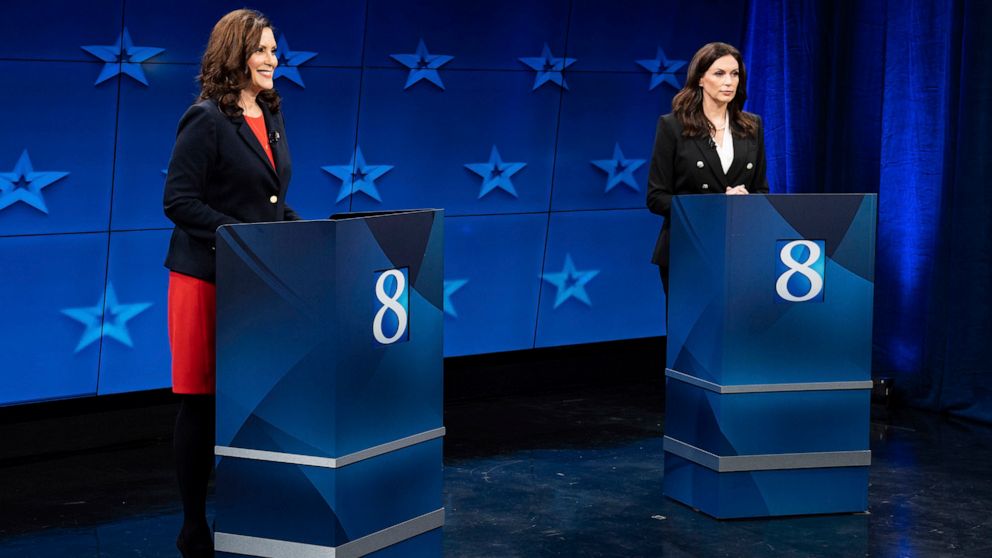 PHOTO: Democratic Gov. Gretchen Whitmer and Republican gubernatorial candidate Tudor Dixon are seen during a Michigan Governor debate in Grand Rapid., Oct. 13, 2022.