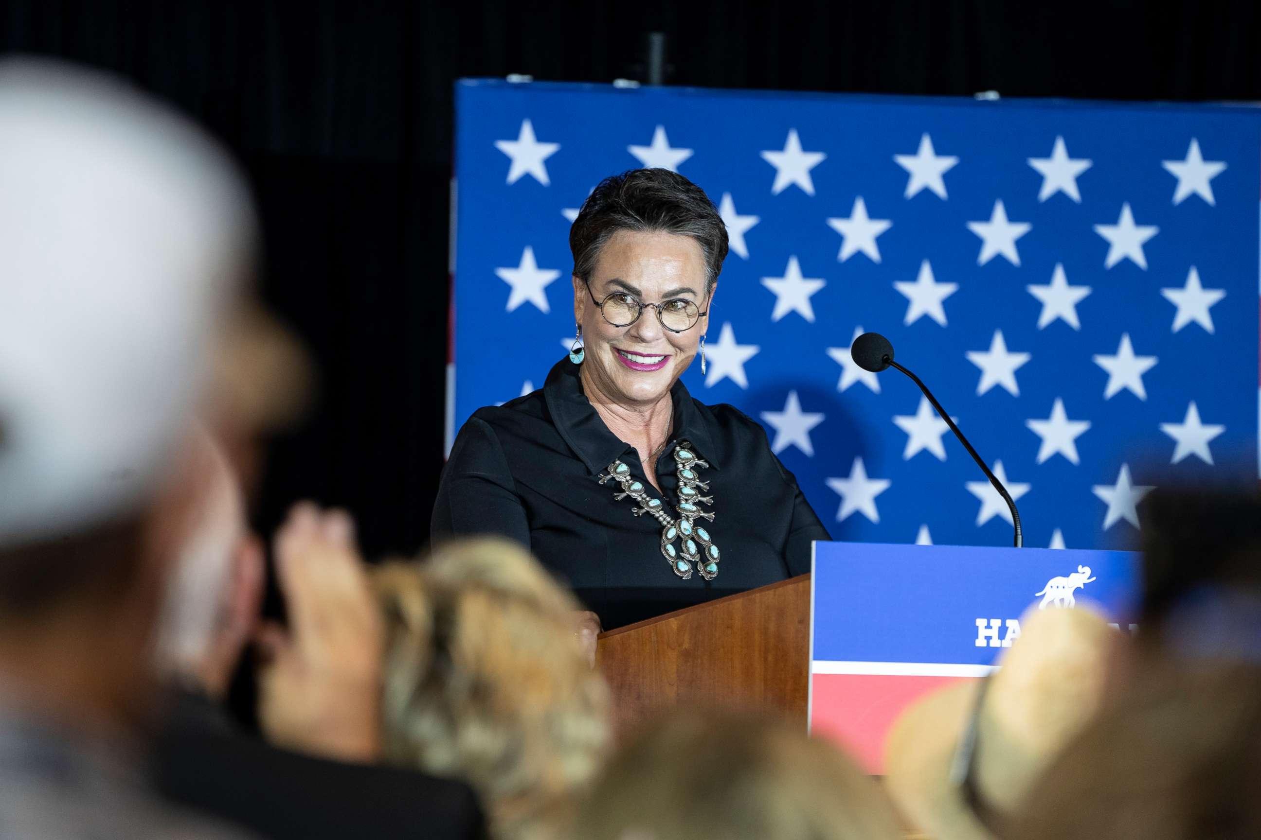 PHOTO: Harriet Hageman reacts as she speaks to supporters during a primary election night party in Cheyenne, Wyo., Aug. 16, 2022.