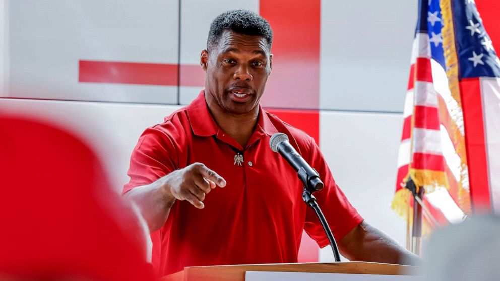 PHOTO: Georgia Republican US Senate candidate Herschel Walker participates in his Unite Georgia Bus Tour in Forsyth, Ga., Sept. 29, 2022.