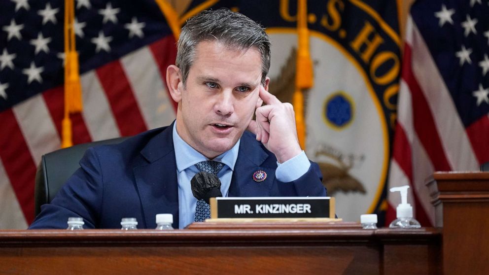 PHOTO: Rep. Adam Kinzinger speaks as the House select committee investigating the Jan. 6 attack on the U.S. Capitol continues to reveal its findings of a year-long investigation, at the Capitol in Washington, June 23, 2022.