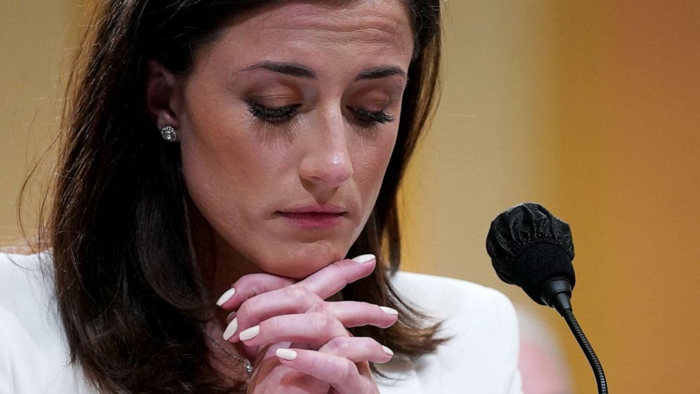 PHOTO: Cassidy Hutchinson, a top aide to former White House Chief of Staff Mark Meadows, testifies during the sixth hearing by the House Select Committee to Investigate the January 6th Attack on the US Capitol, in Washington, June 28, 2022.