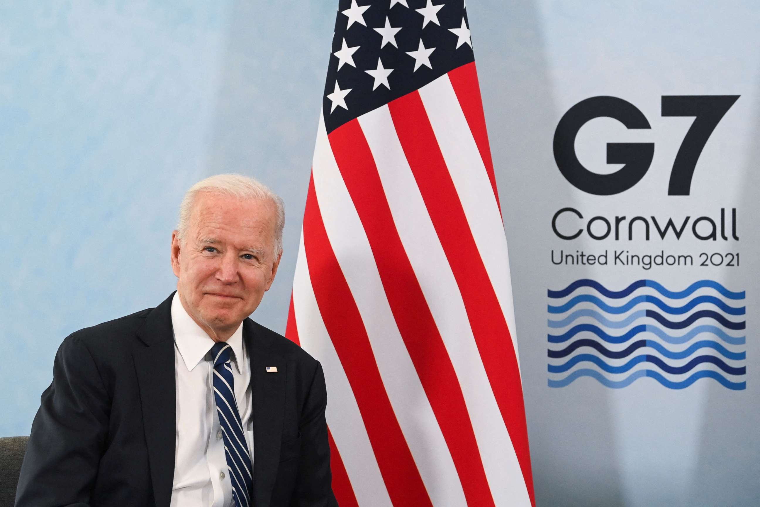 PHOTO: President Joe Biden poses for a picture during a meeting ahead of the G7 summit at Carbis Bay, Cornwall, June 10, 2021.