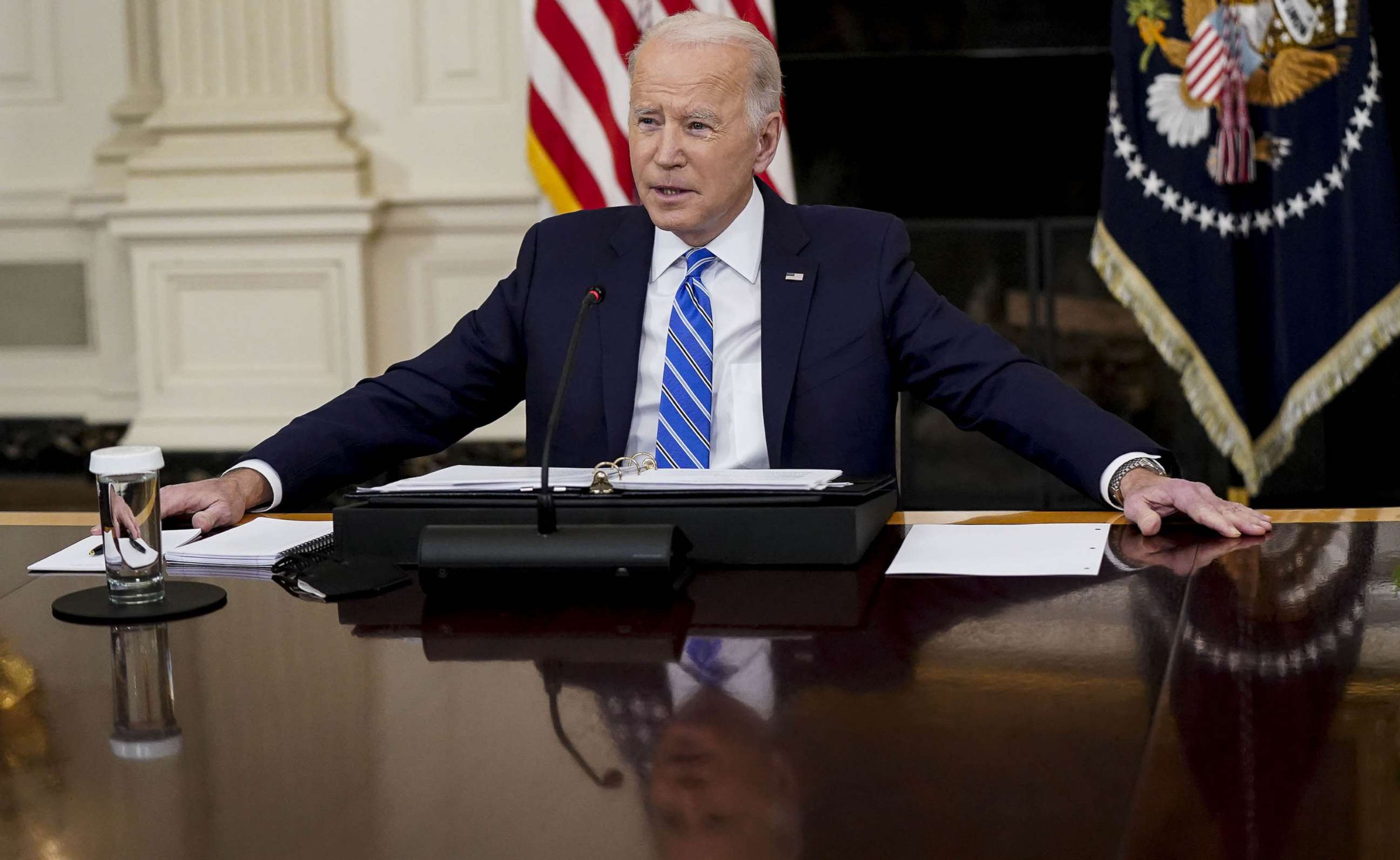PHOTO: President Joe Biden speaks during a meeting in the State Dining Room of the White House in Washington, Jan. 26, 2022.