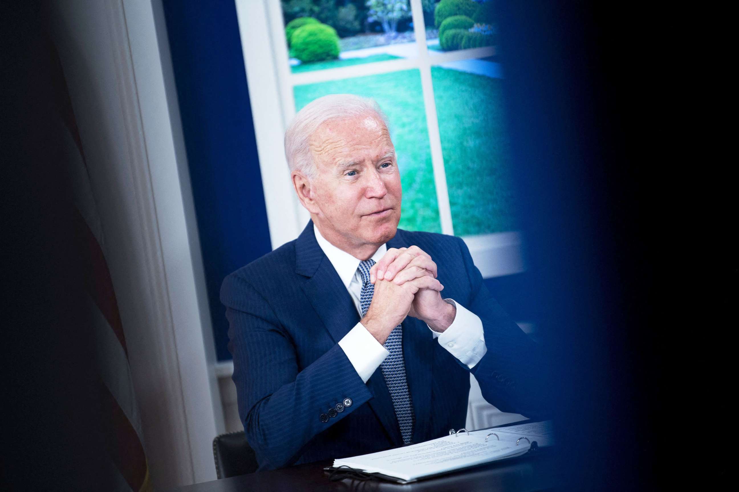 PHOTO: President Joe Biden convenes a virtual Covid-19 Summit on the sidelines of the UN General Assembly in the South Court Auditorium of the White House in Washington, Sept. 22, 2021.