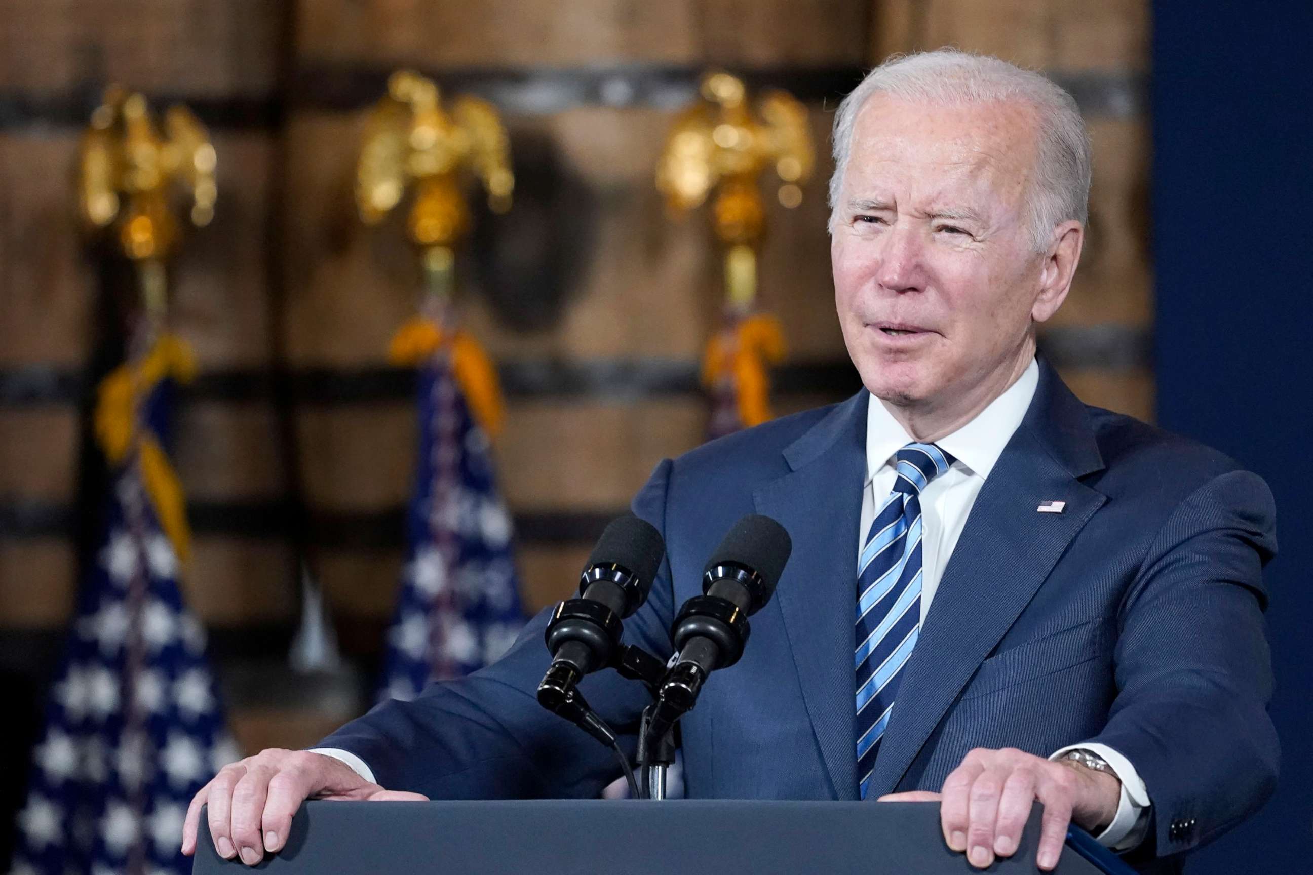 PHOTO: President Joe Biden speaks the about the long-delayed cleanup of Great Lakes harbors and tributaries polluted with industrial toxins at the Shipyards in Lorain, Ohio, Feb. 17, 2022.