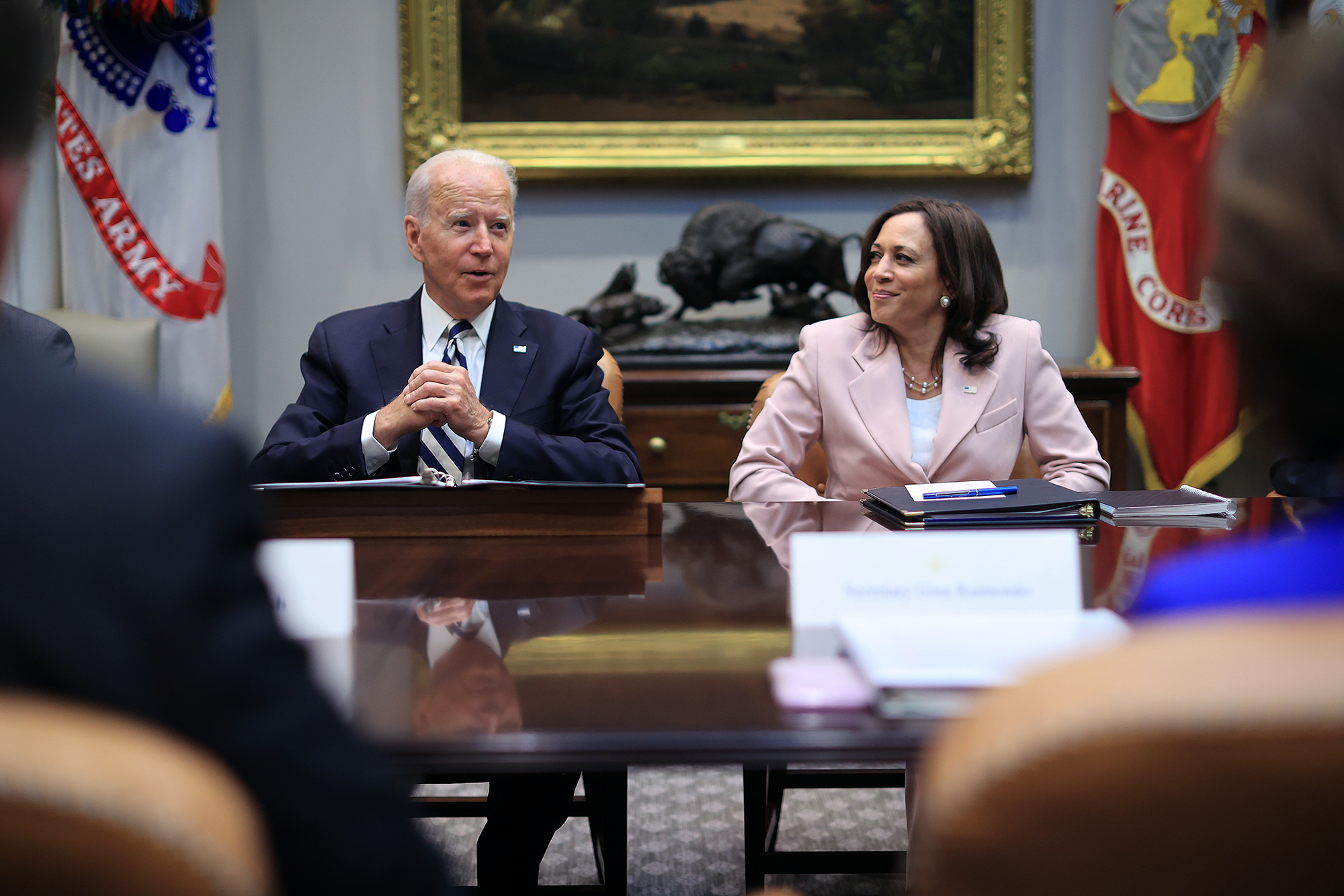 PHOTO: President Joe Biden and Vice President Kamala Harris meet with a bipartisan group of city and state political leaders about his proposed infrastructure plan in the Roosevelt Room at the White House, July 14, 2021.