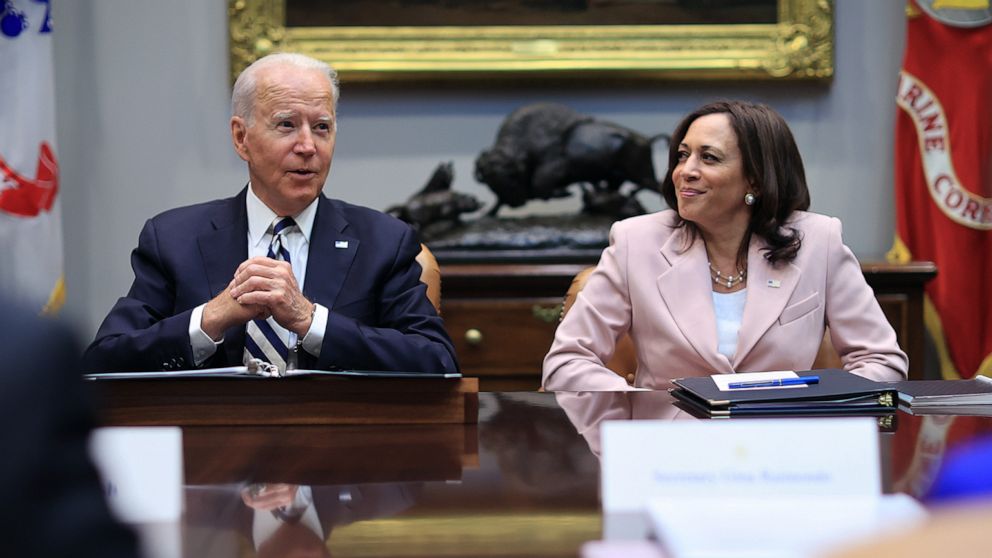 PHOTO: President Joe Biden and Vice President Kamala Harris meet with a bipartisan group of city and state political leaders about his proposed infrastructure plan in the Roosevelt Room at the White House, July 14, 2021.