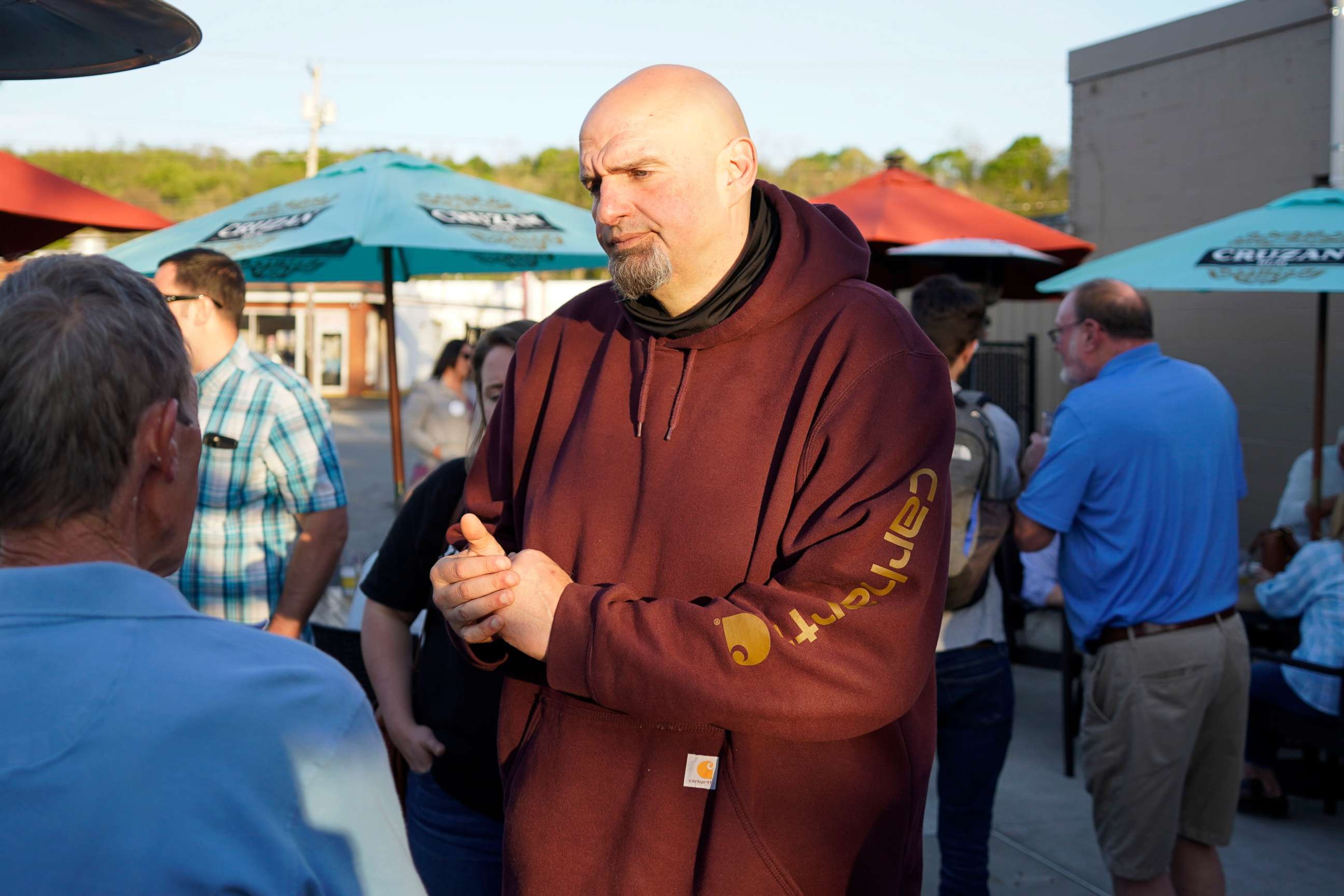 PHOTO: Pennsylvania Lt. Governor John Fetterman, greets supporters at a campaign stop in Greensburg, Pa., May 10, 2022.