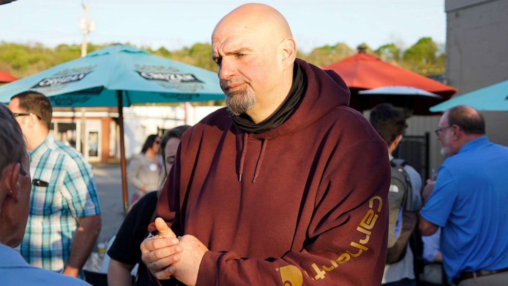 PHOTO: Pennsylvania Lt. Governor John Fetterman, greets supporters at a campaign stop in Greensburg, Pa., May 10, 2022.