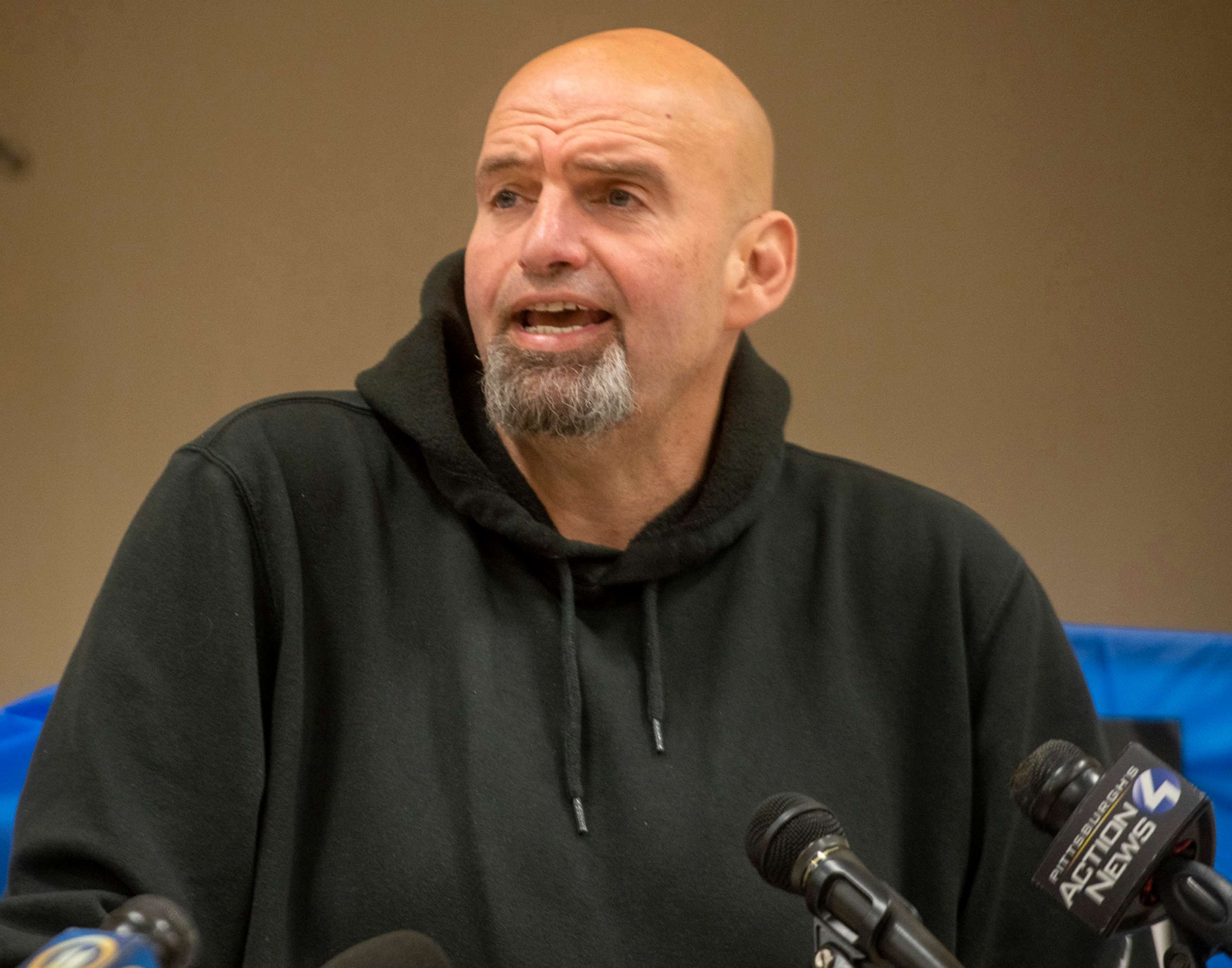 PHOTO: Lt. Gov. John Fetterman, candidate for Senate, speaks at a workers rally in Monaca, Pa., Oct. 6, 2022.