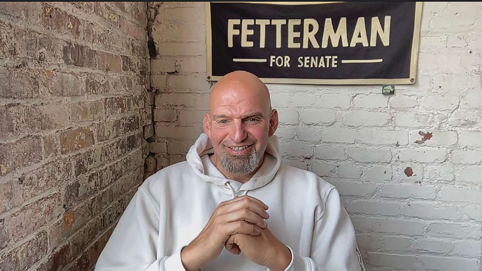 PHOTO: Pennsylvania Lt. Gov. John Fetterman, the Democratic nominee for the state's U.S. Senate seat, speaks during a video interview from his home in Braddock, Pa., July 20, 2022. 