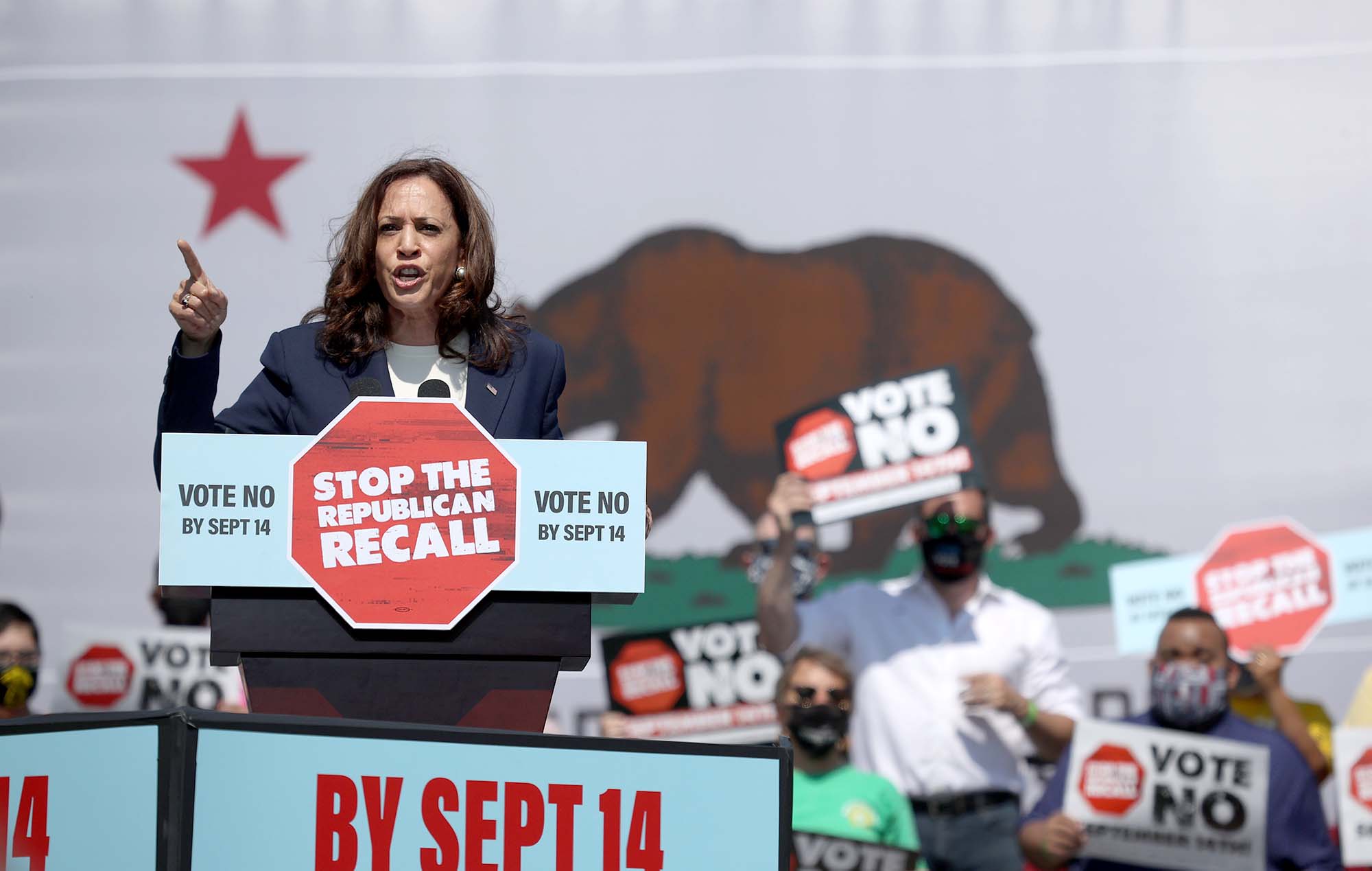 PHOTO: Vice President Kamala Harris speaks during a No on the Recall campaign event with California Gov. Gavin Newsom at IBEW-NECA Joint Apprenticeship Training Center in San Leandro, Calif., Sept. 8, 2021.