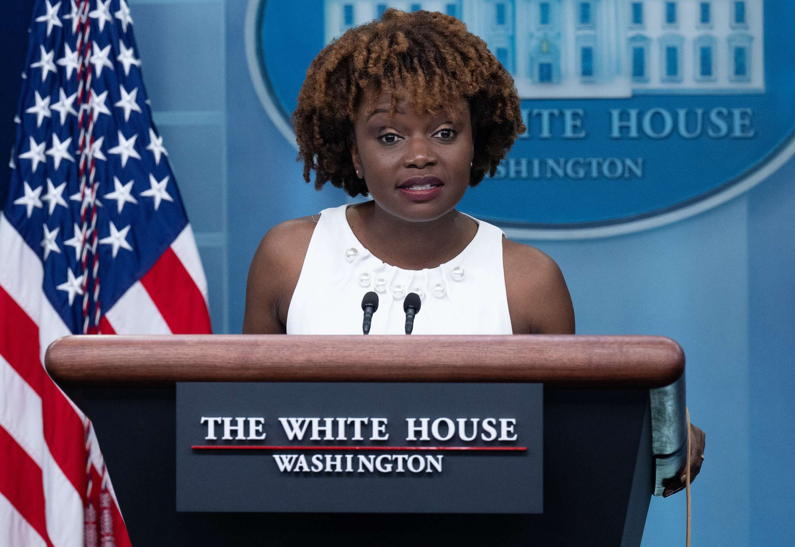 PHOTO: Principal Deputy Press Secretary Karine Jean-Pierre speaks during a press briefing in Washington, May 5, 2022.