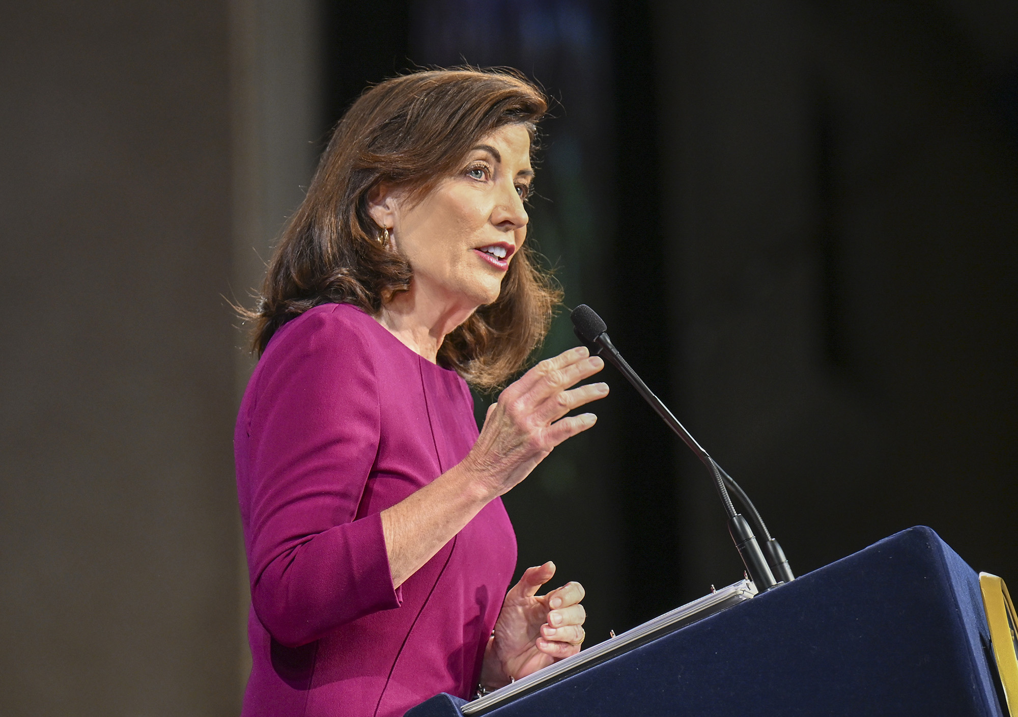 PHOTO: New York Gov. Kathy Hochul, speaks during a New York State Police graduation ceremony at the Empire State Plaza Convention Center in Albany, Oct. 19, 2022.