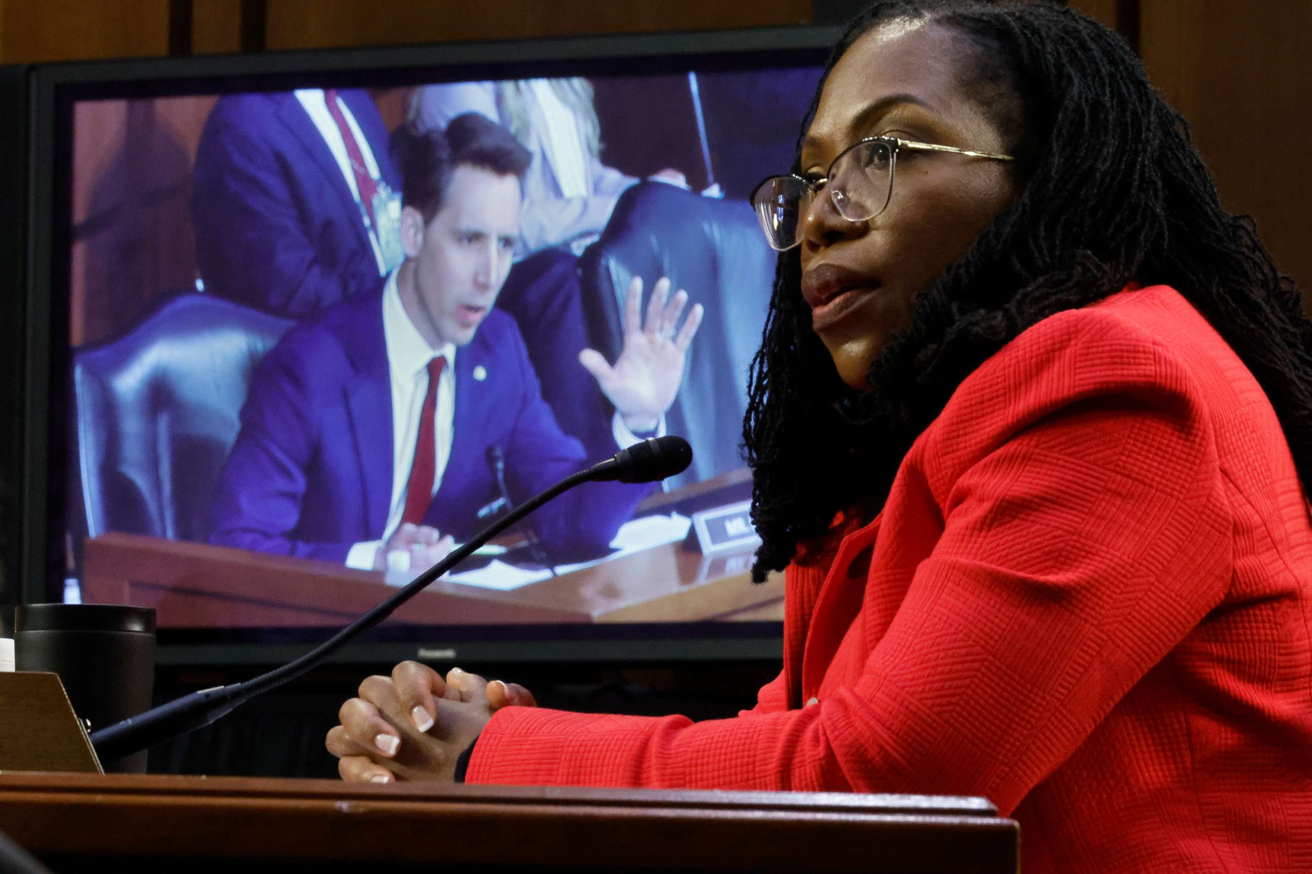 PHOTO: Supreme Court nominee Judge Ketanji Brown Jackson answers questions from Sen. Josh Hawley during her confirmation hearing before the Senate Judiciary Committee in the Hart Senate Office Building on Capitol Hill, March 22, 2022.