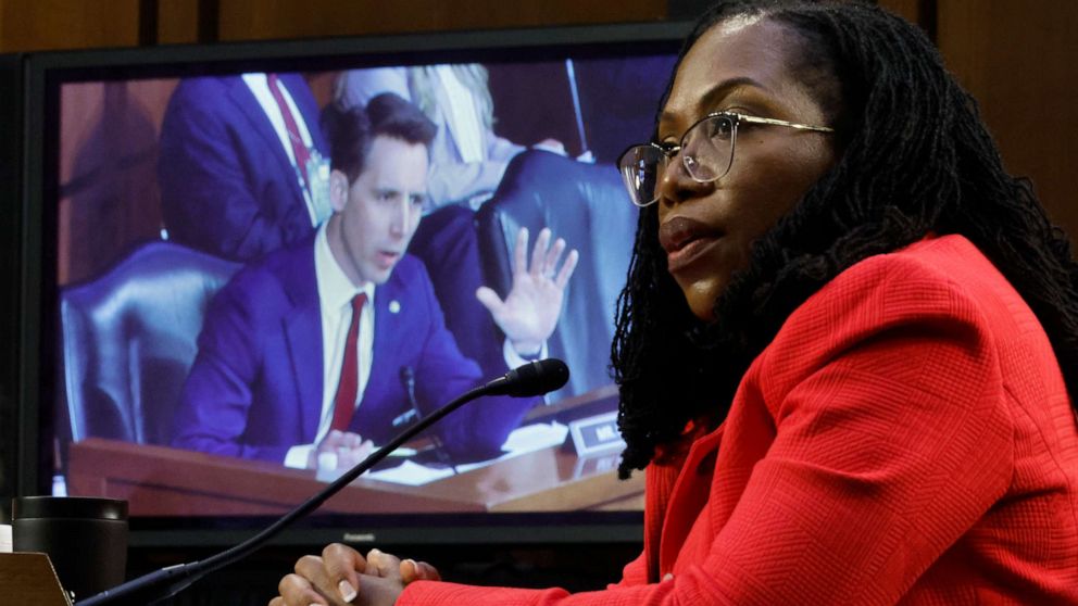 PHOTO: Supreme Court nominee Judge Ketanji Brown Jackson answers questions from Sen. Josh Hawley during her confirmation hearing before the Senate Judiciary Committee in the Hart Senate Office Building on Capitol Hill, March 22, 2022.