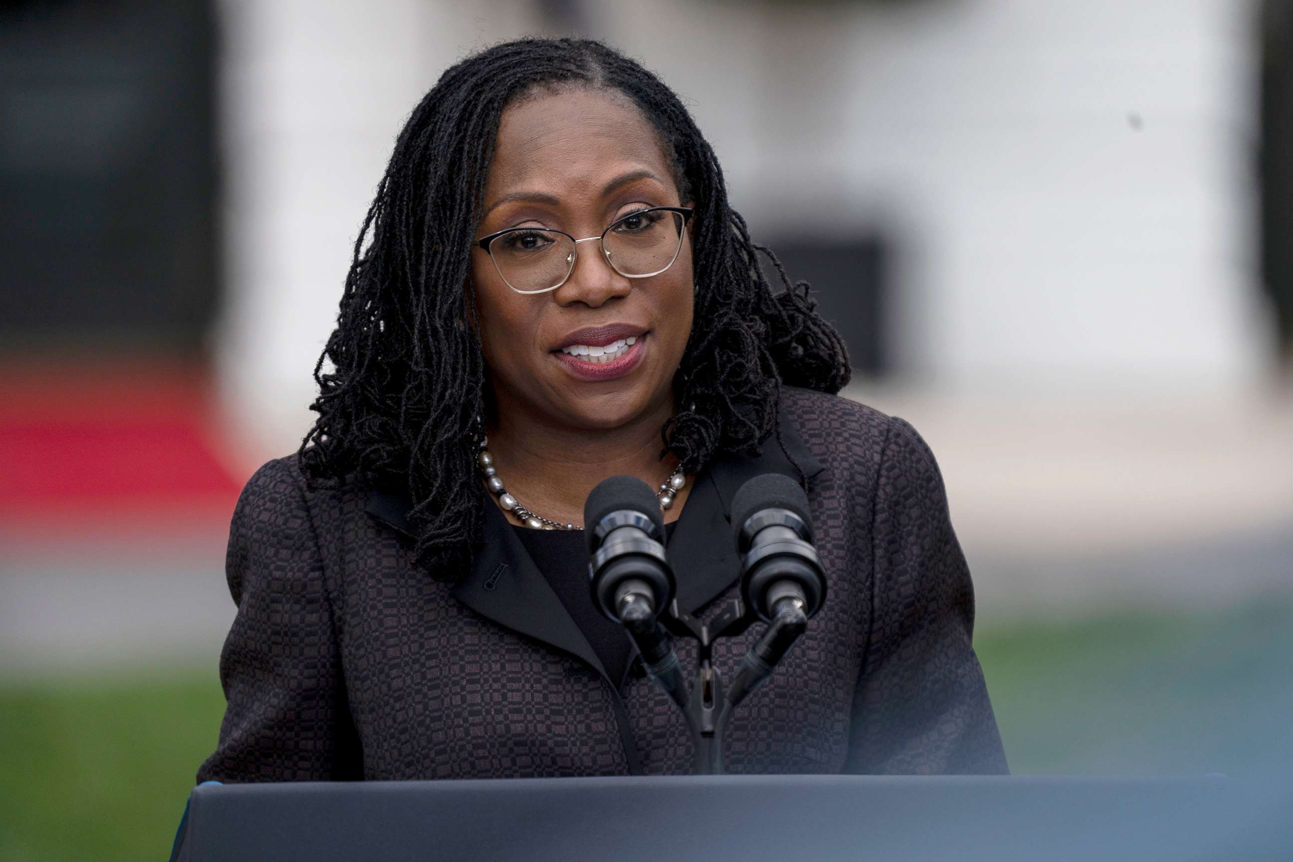 PHOTO: Judge Ketanji Brown Jackson delivers remarks on the South Lawn of the White House in Washington, April 08, 2022.