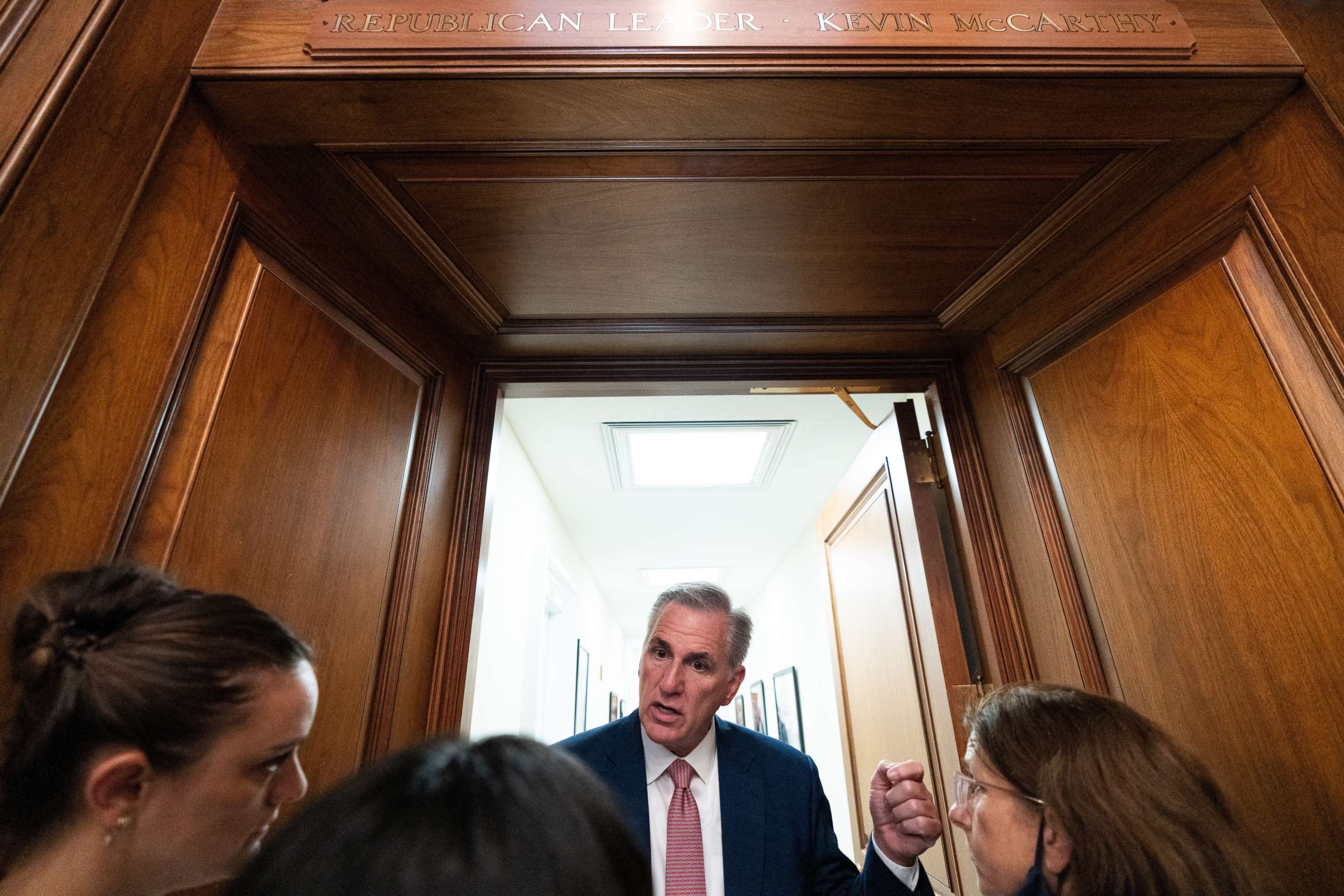 PHOTO: House Minority Leader Kevin McCarthy speaks to reporters outside his office in the Capitol, Aug. 12, 2022.
