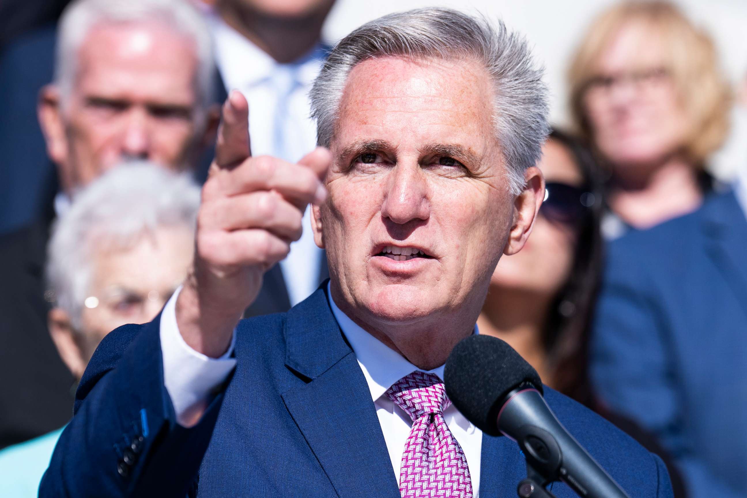 PHOTO: House Minority Leader Kevin McCarthy speaks during a news conference on the House steps of the U.S. Capitol, Sept. 29, 2022.