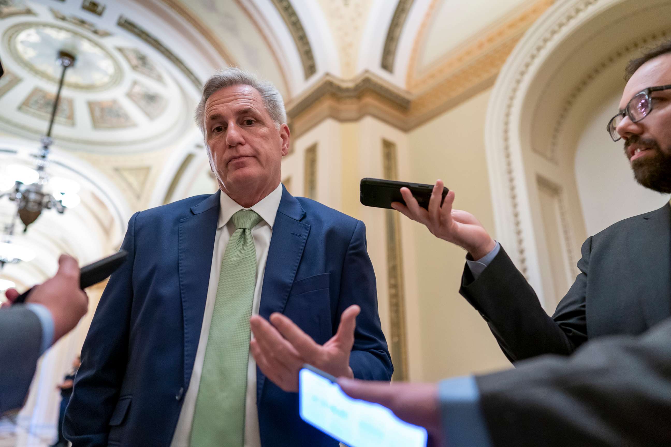 PHOTO: House Minority Leader Kevin McCarthy talks to reporters at the Capitol in Washington, April 6, 2022. 