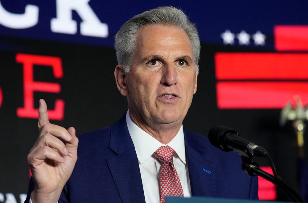 PHOTO: House Minority Leader Kevin McCarthy speaks at an election event in Washington, Nov. 9, 2022.