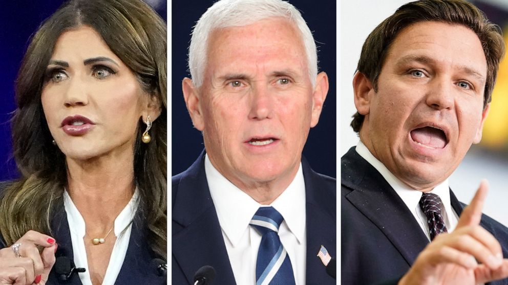 PHOTO: Kristi Noem, Mike Pence, and Ron DeSantis are pictured in a composite file photo.