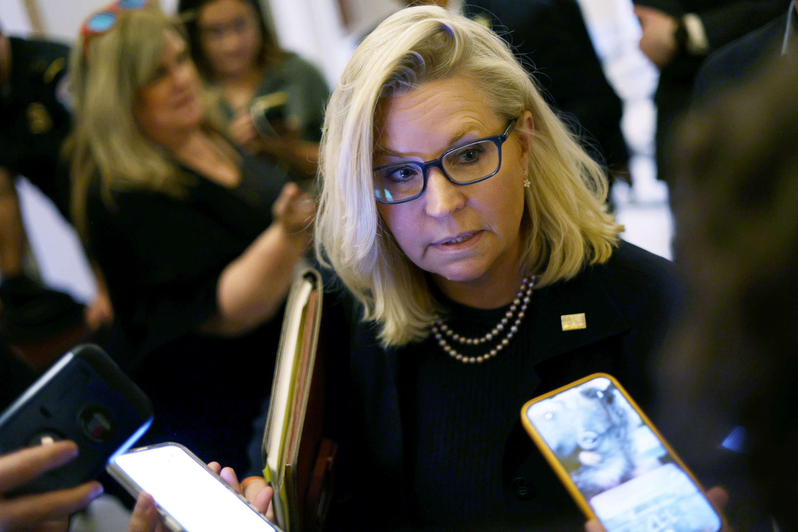 PHOTO: Rep. Liz Cheney, Vice Chair of the Select Committee to Investigate the January 6th Attack on the United States Capitol, speaks to members of the press in Washington, Sept. 30, 2022.