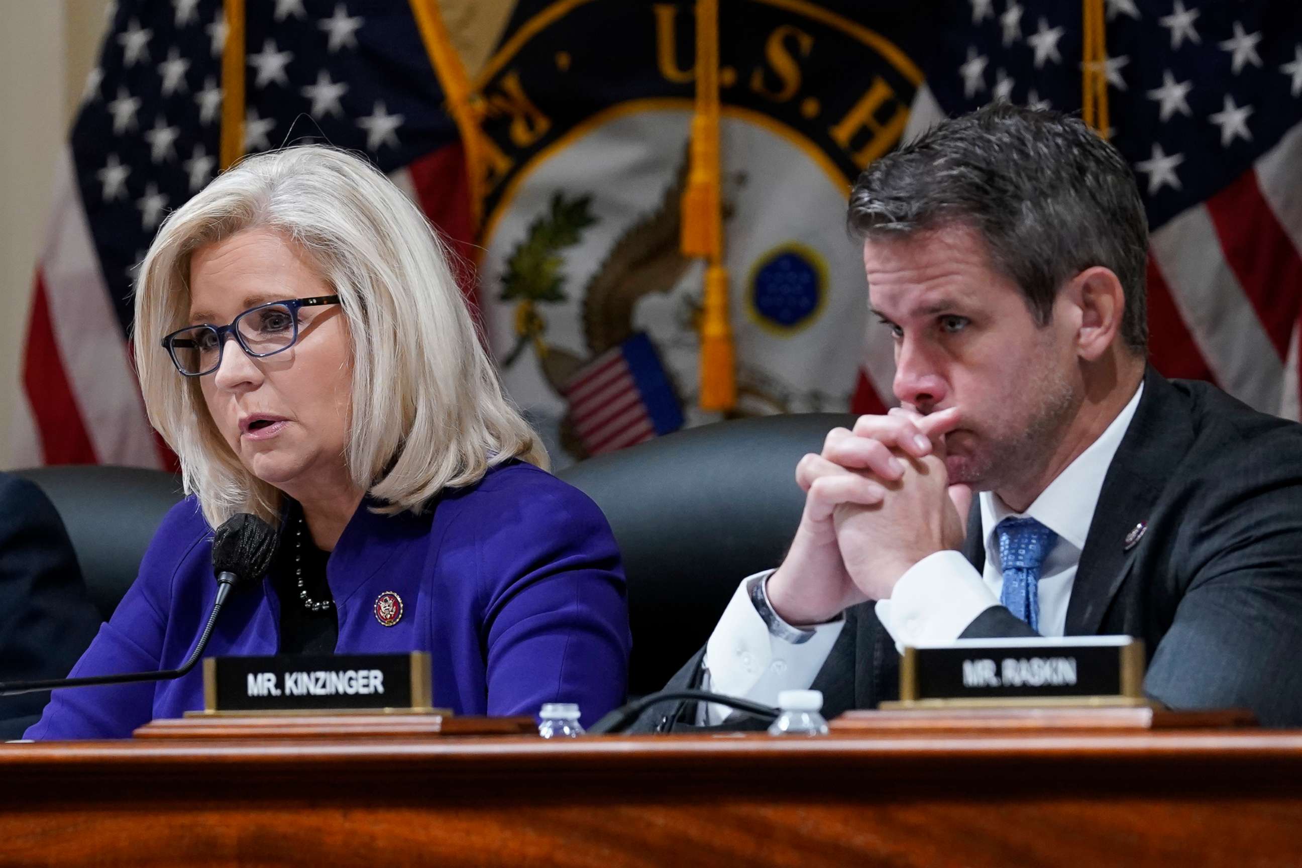 PHOTO: Rep. Liz Cheney and Rep. Adam Kinzinger attend a meeting of the House select committee tasked with investigating the Jan. 6 attack on the U.S. Capitol in Washington, Oct. 19, 2021.