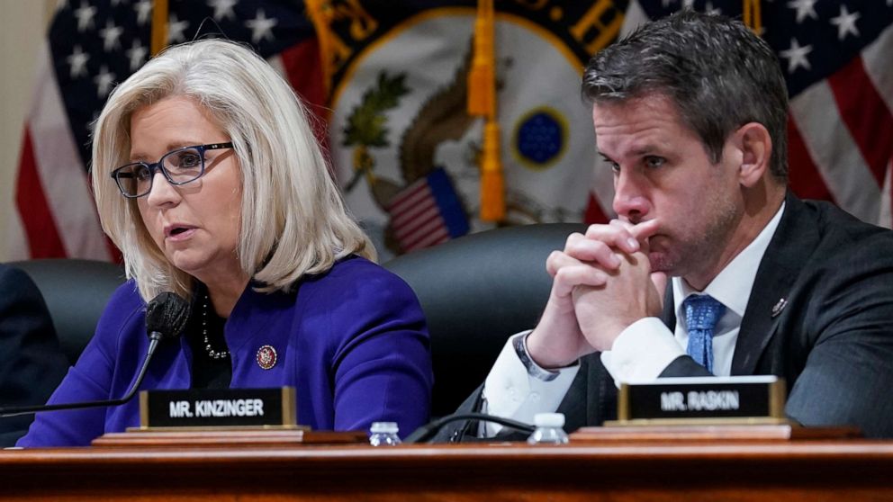 PHOTO: Rep. Liz Cheney and Rep. Adam Kinzinger attend a meeting of the House select committee tasked with investigating the Jan. 6 attack on the U.S. Capitol in Washington, Oct. 19, 2021.