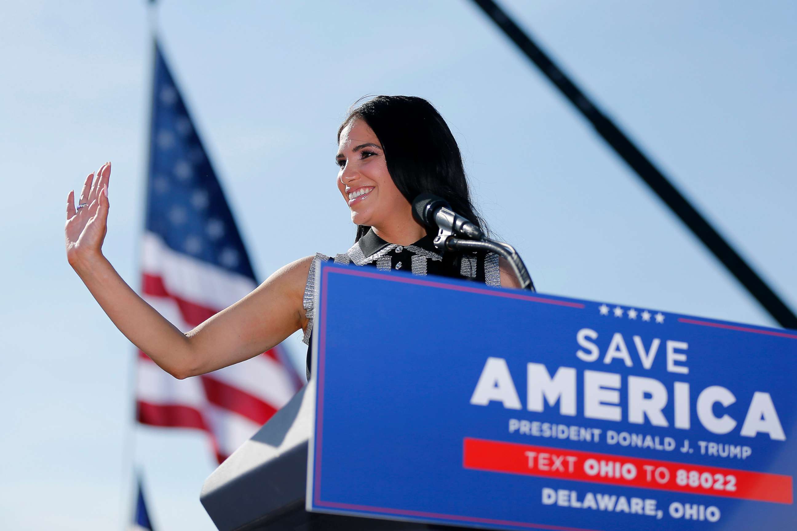 PHOTO: Republican congressional candidate Madison Gesiotto Gilbert waves to supporters at a rally in Delaware, Ohio, April 23, 2022.
