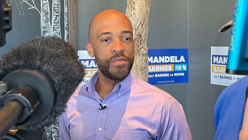 PHOTO: Senate candidate Mandela Barnes addresses the media at a campaign event in Green Bay, Wisc., Sept. 6, 2022.