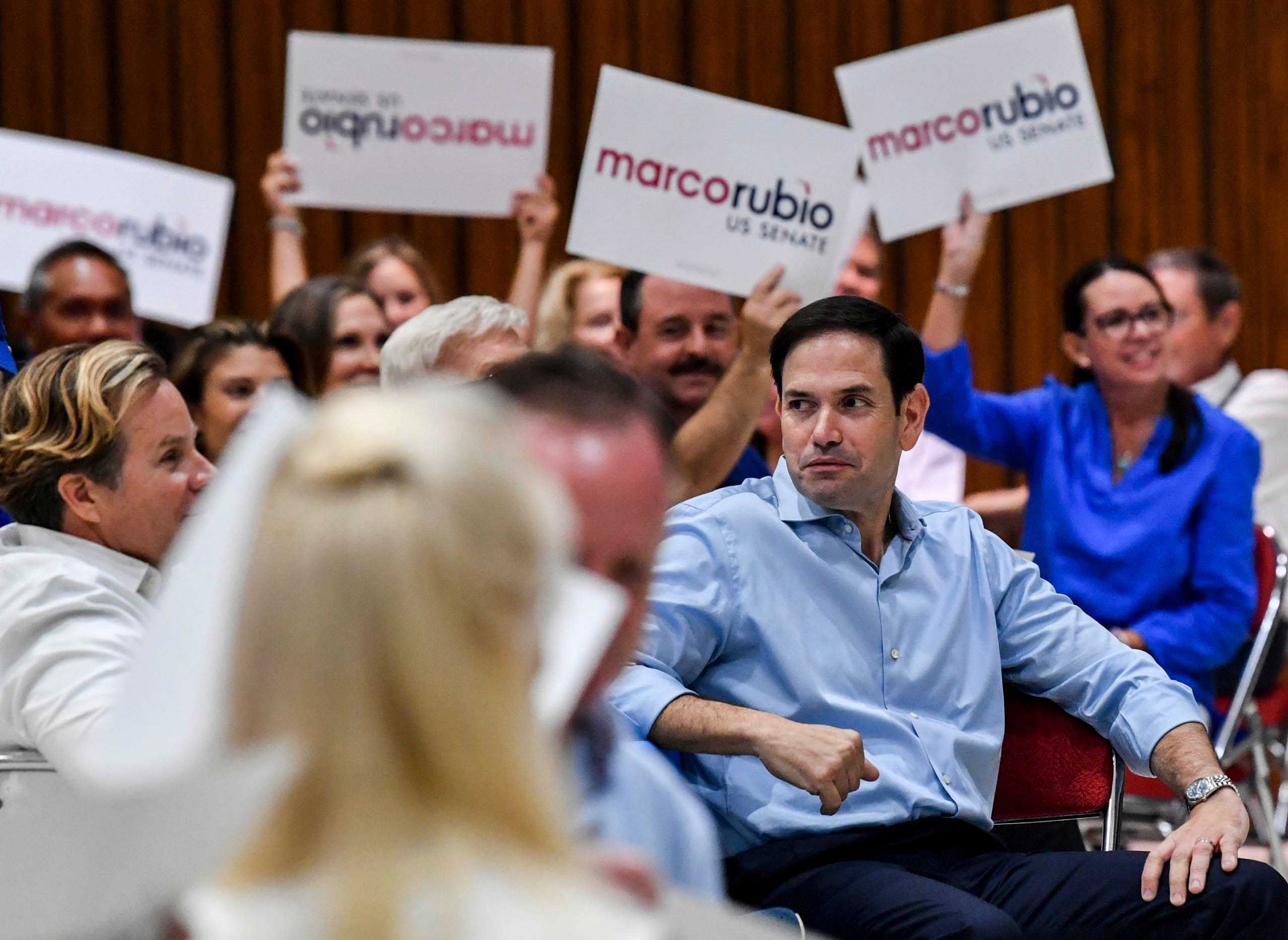 PHOTO: Senator Marco Rubio is introduced to a large crowd at Melbourne Auditorium in Brevard Fla., Sept. 17, 2022.