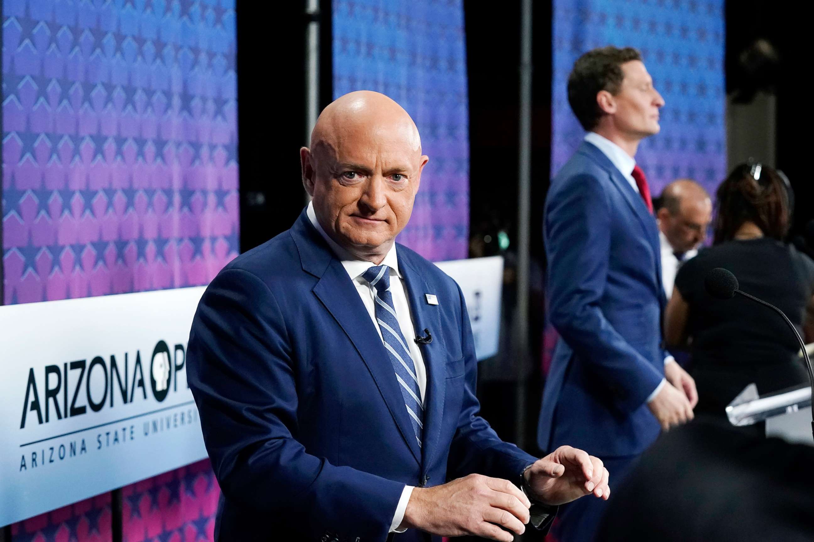 PHOTO: Arizona Democratic Sen. Mark Kelly attends a televised debate in Phoenix, Ariz., Oct. 6, 2022. 