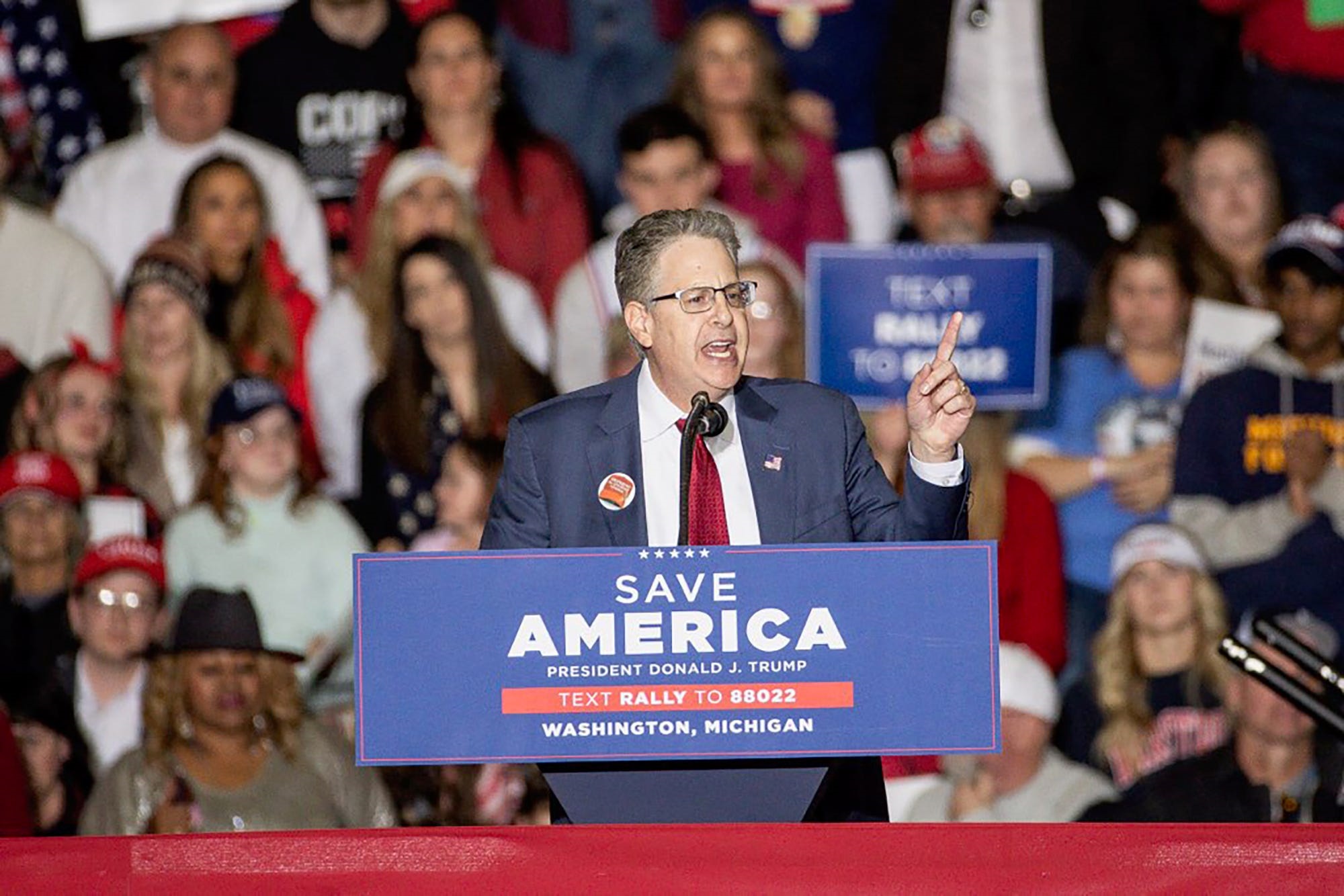 PHOTO: Matt DePerno, Republican candidate for Michigan Attorney General speaks at a Save America rally in Washington Township, Mich., April 2, 2022.