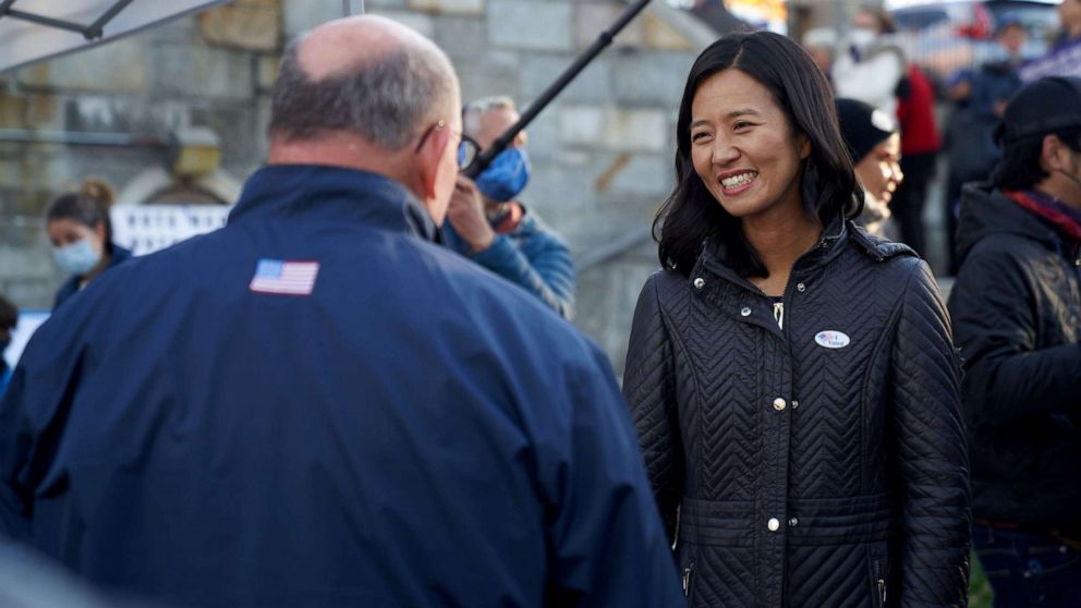 PHOTO: Boston mayoral candidate Michelle Wu speaks after voting in Boston, Nov. 2, 2021.